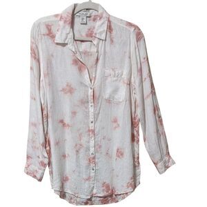 Rachel Zoe long line tunic 100% linen tie dye white pink button blouse top M